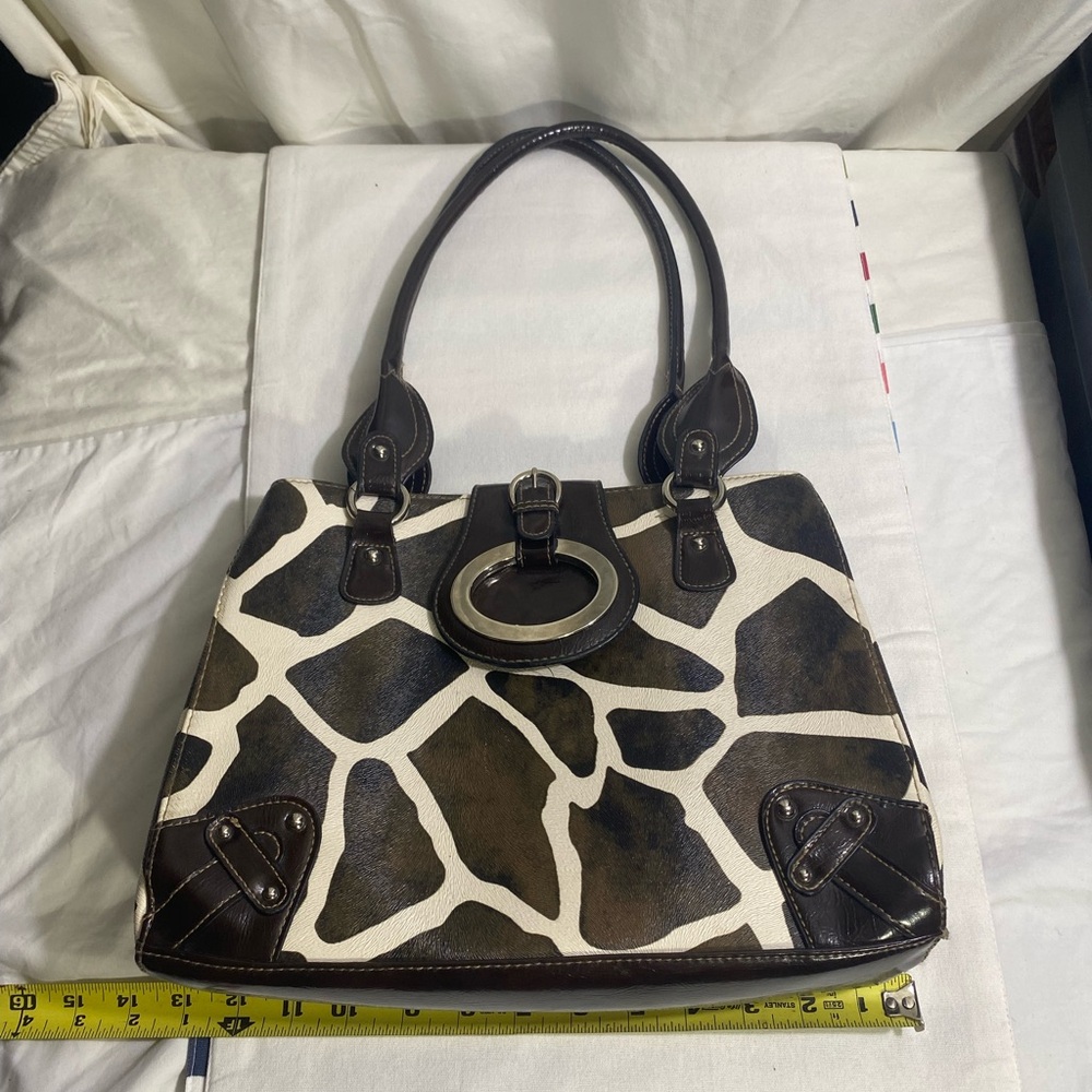 Vintage Style Giraffe Print Handbag Brown Faux Leather Satchel Purse Tote Y2K